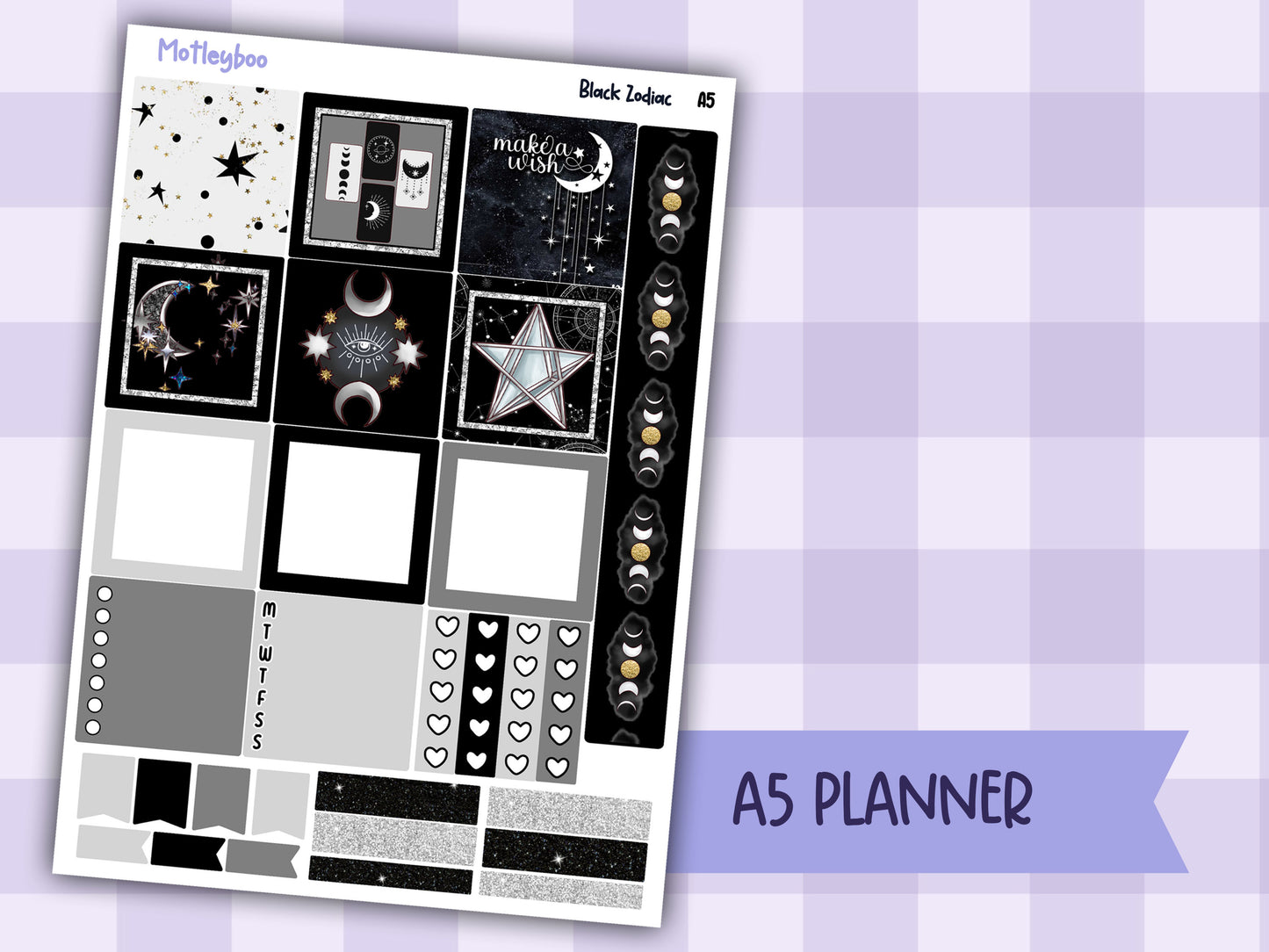 A5 Celestial Hobonichi cousin planner sticker kit, Black Zodiac