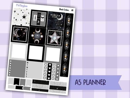 A5 Celestial Hobonichi cousin planner sticker kit, Black Zodiac