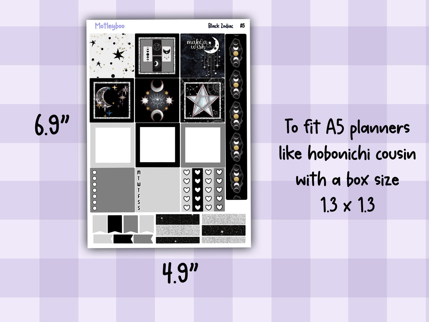 A5 Celestial Hobonichi cousin planner sticker kit, Black Zodiac
