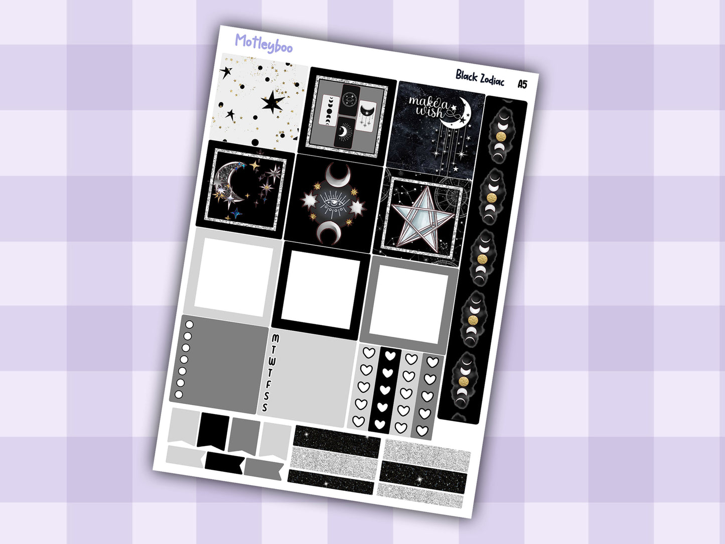 A5 Celestial Hobonichi cousin planner sticker kit, Black Zodiac