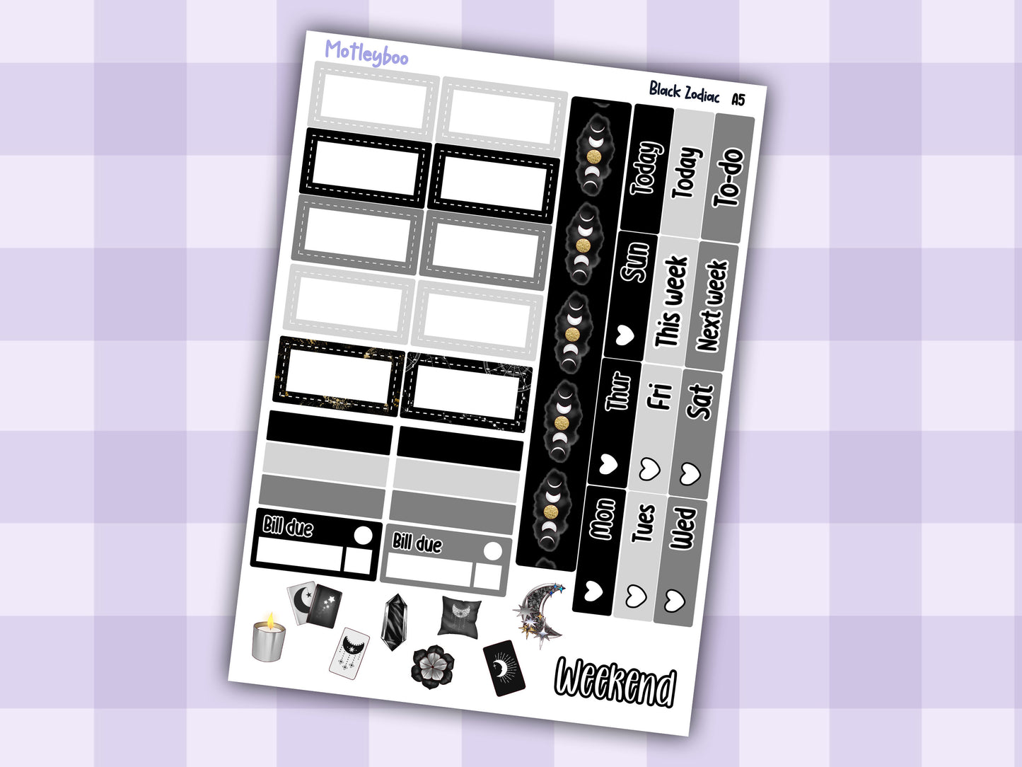 A5 Celestial Hobonichi cousin planner sticker kit, Black Zodiac