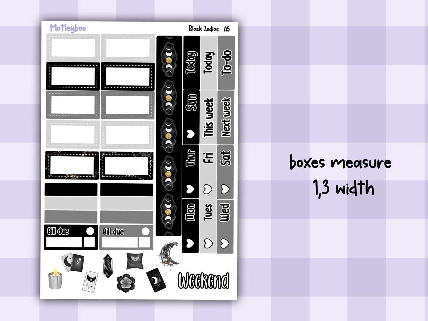 A5 Celestial Hobonichi cousin planner sticker kit, Black Zodiac