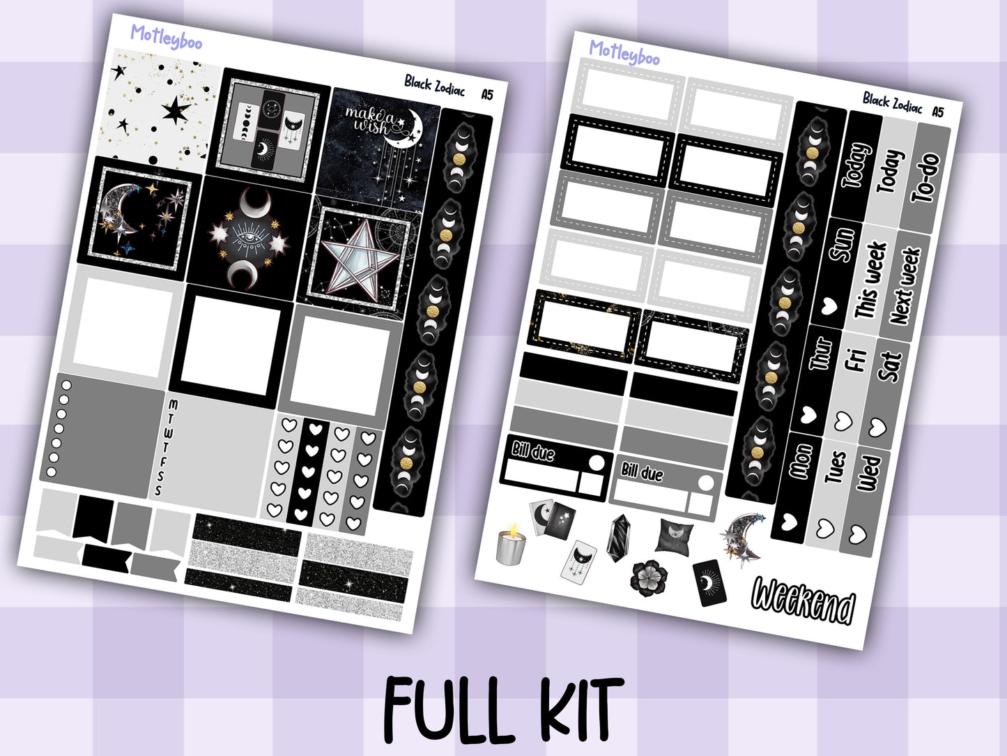 A5 Celestial Hobonichi cousin planner sticker kit, Black Zodiac