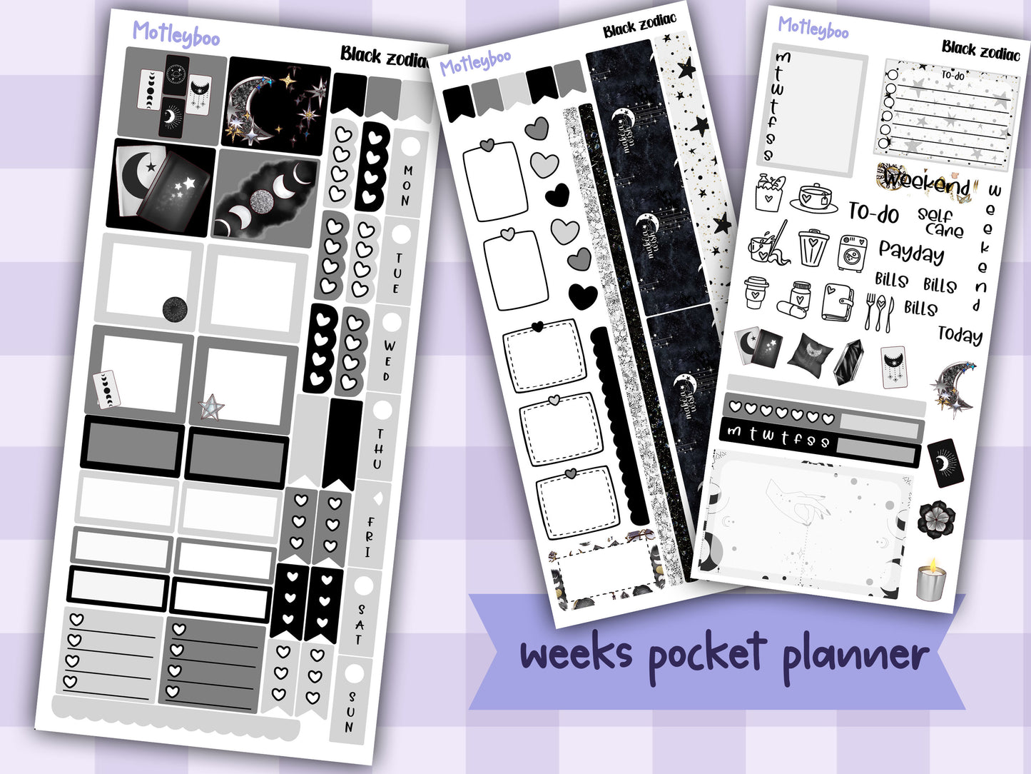 Hobonichi weeks, sticker kit, hobonichi planner, black zodiac, celestial stickers, witchy planner, hobonichi functional stickers,