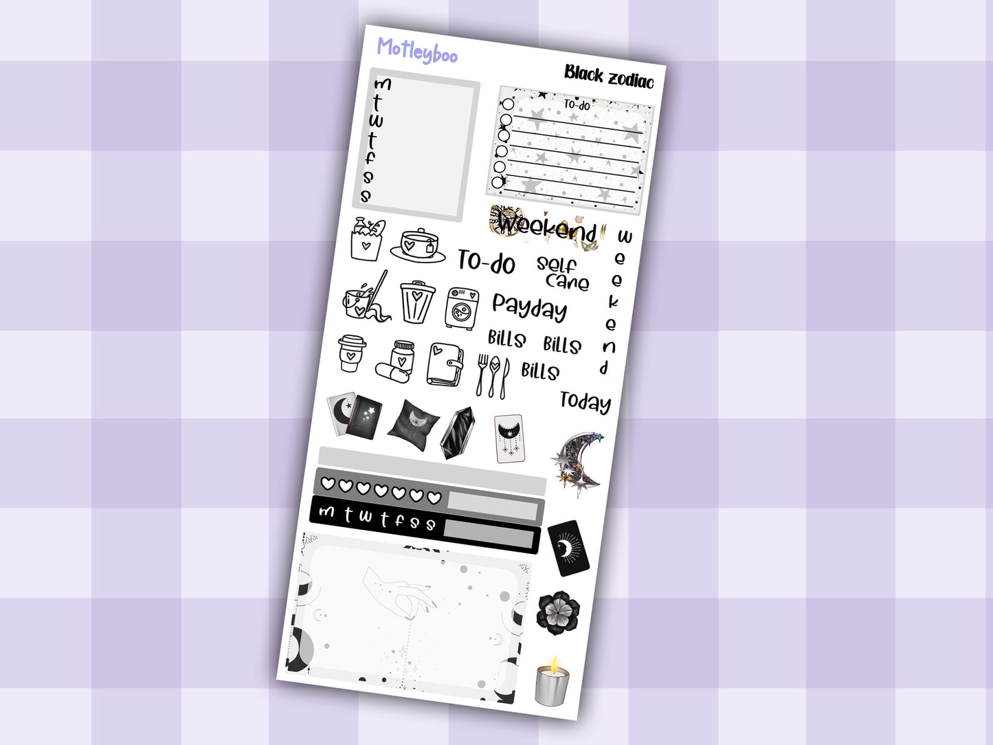 Hobonichi weeks, sticker kit, hobonichi planner, black zodiac, celestial stickers, witchy planner, hobonichi functional stickers,