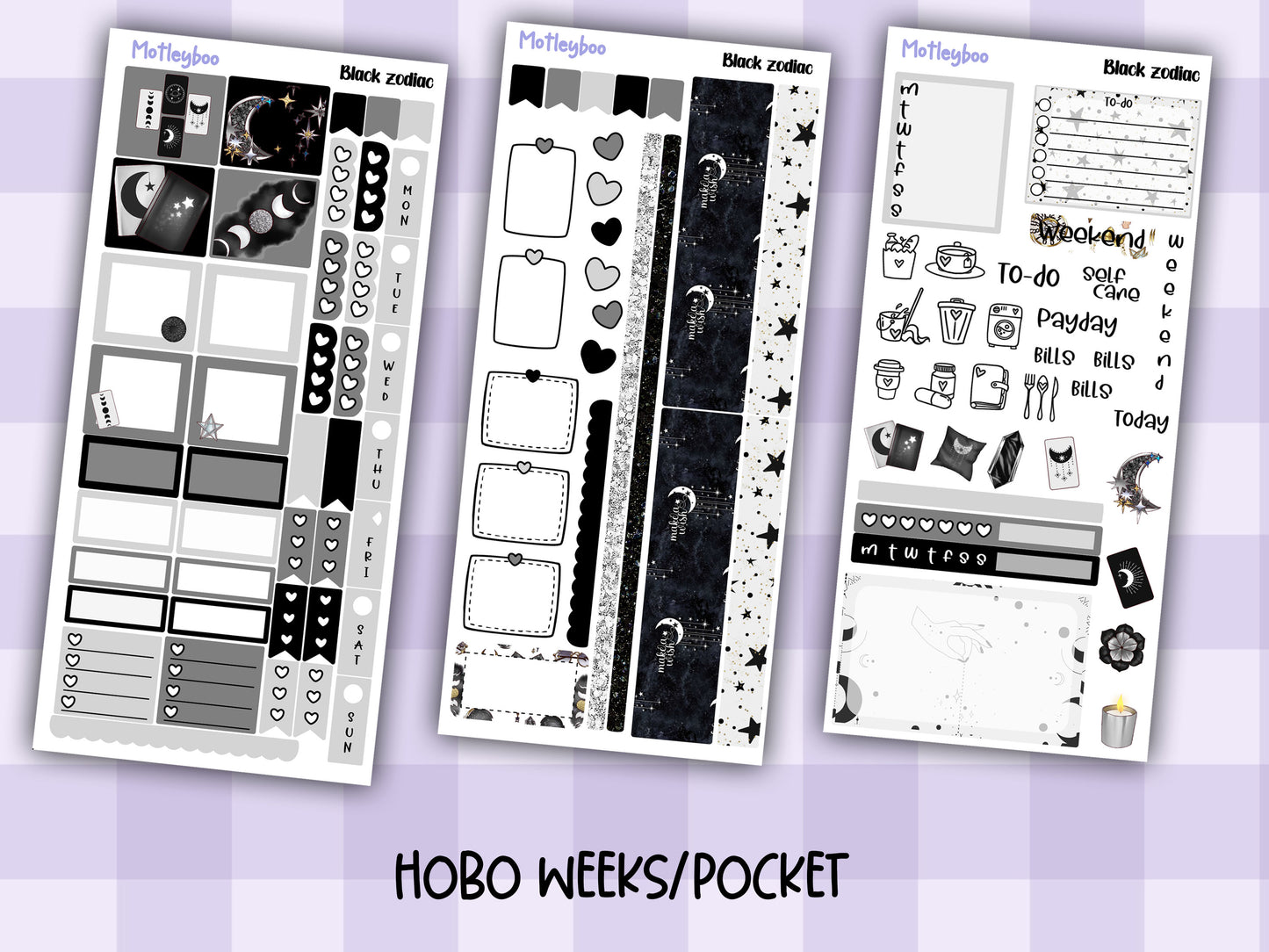 Hobonichi weeks, sticker kit, hobonichi planner, black zodiac, celestial stickers, witchy planner, hobonichi functional stickers,