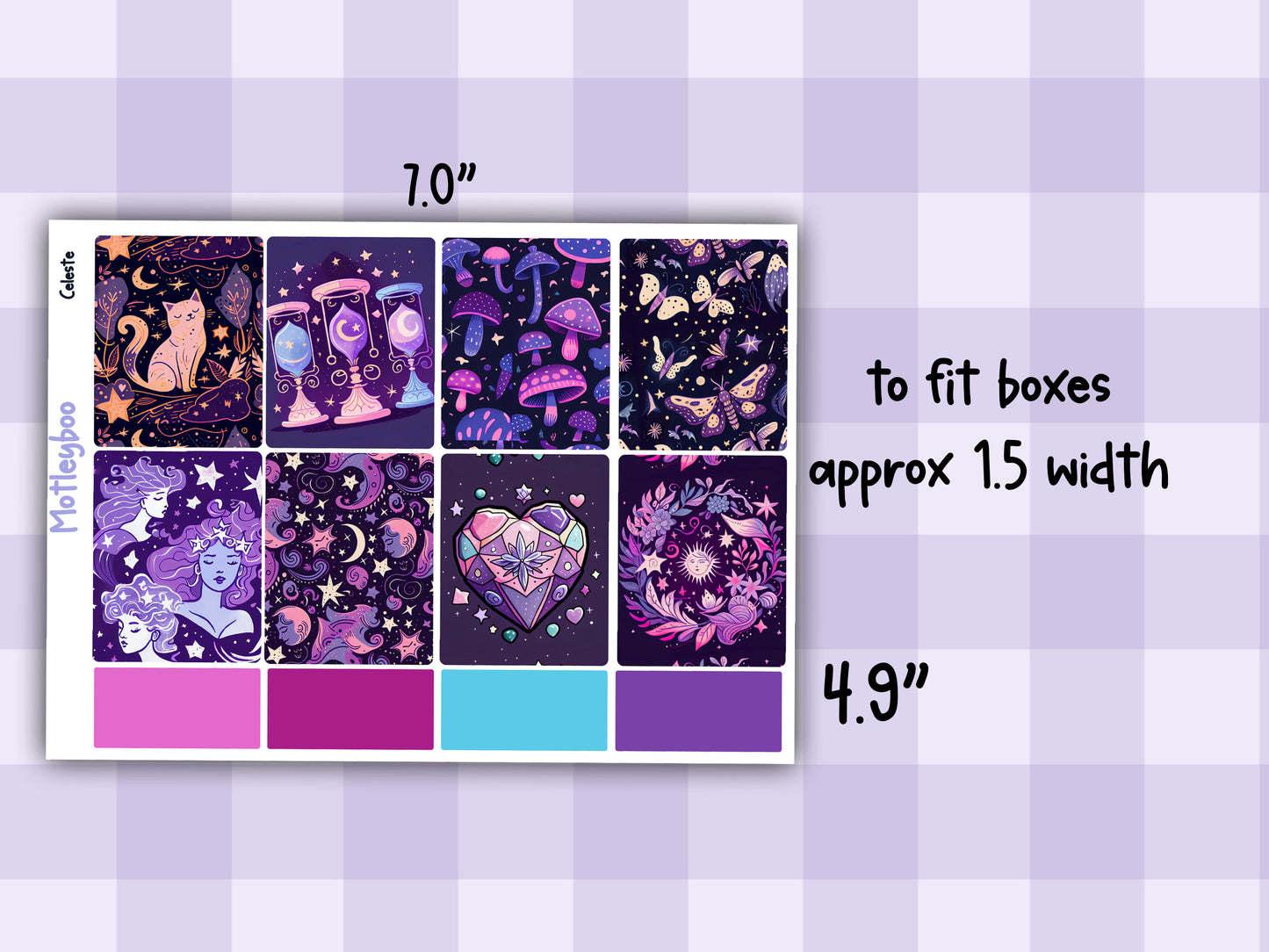 Weekly vertical planner sticker kit, celestial witchy vibes, bright and colourful functional stickers, Celeste