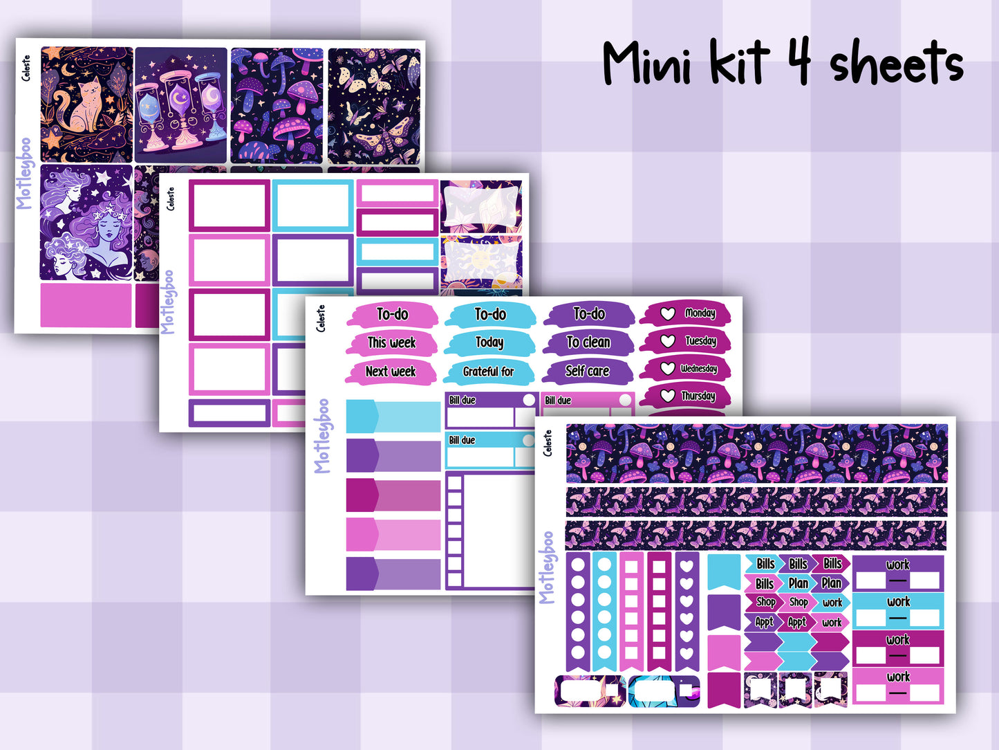 Weekly vertical planner sticker kit, celestial witchy vibes, bright and colourful functional stickers, Celeste