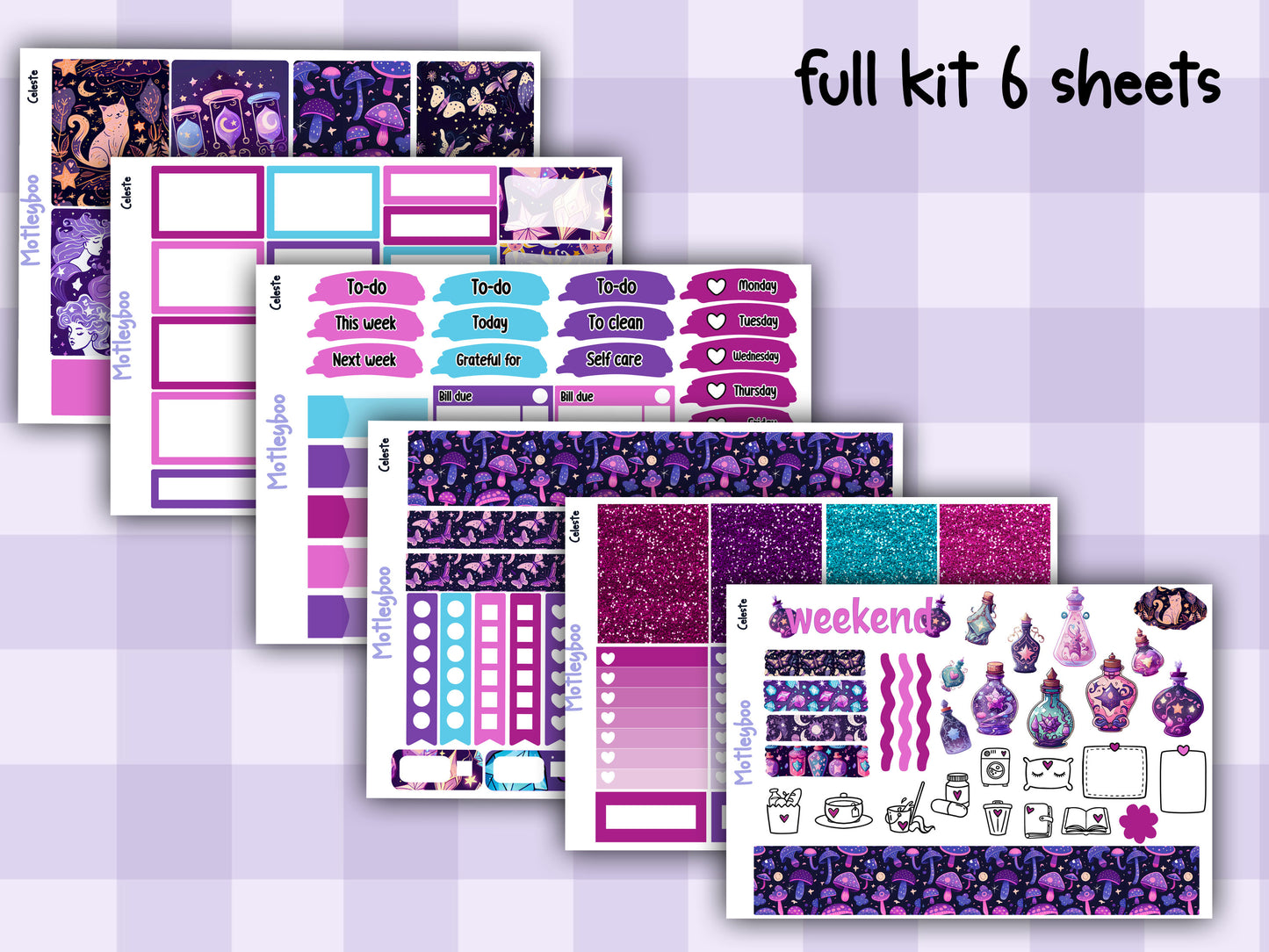 Weekly vertical planner sticker kit, celestial witchy vibes, bright and colourful functional stickers, Celeste