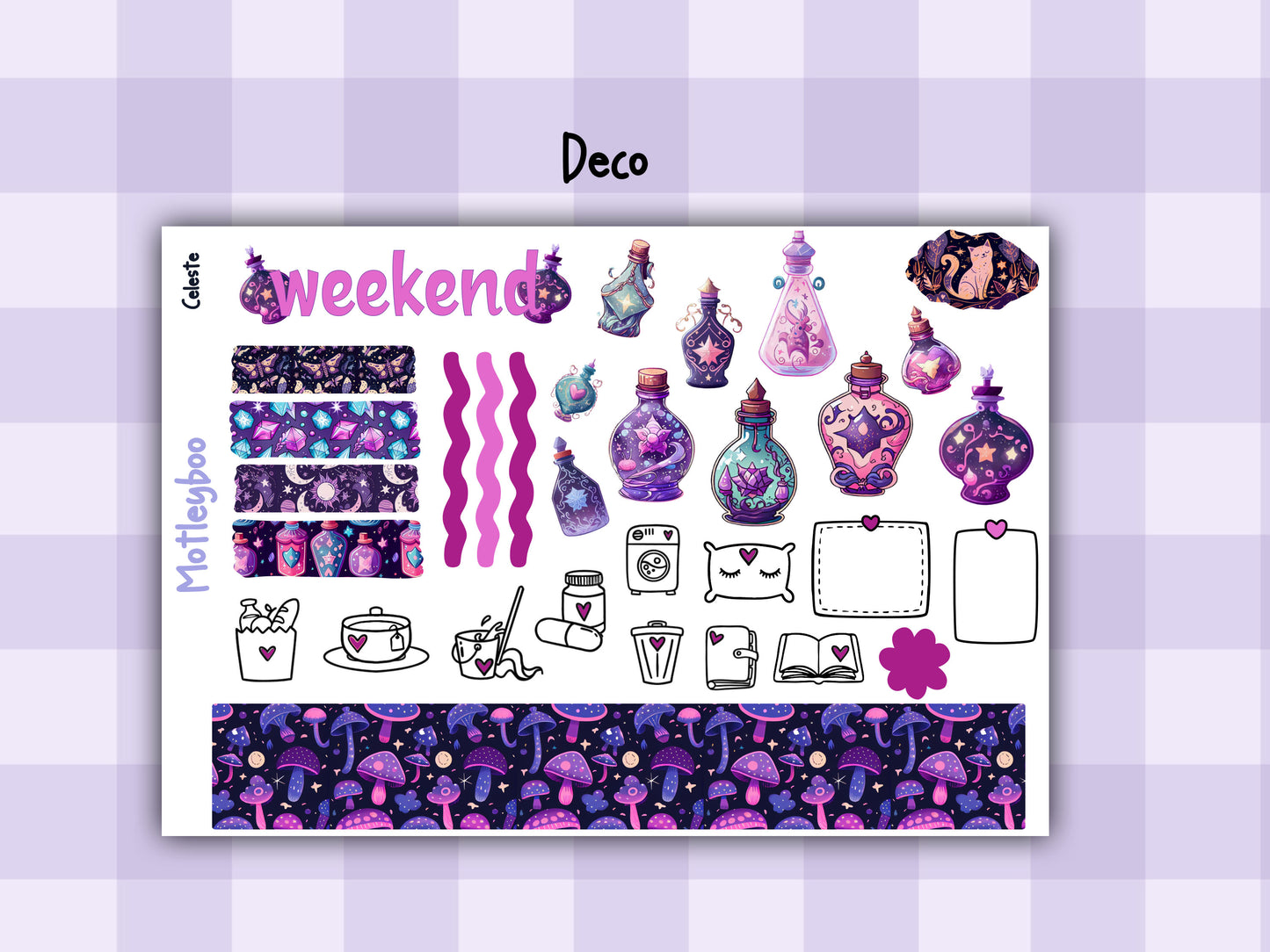 Weekly vertical planner sticker kit, celestial witchy vibes, bright and colourful functional stickers, Celeste