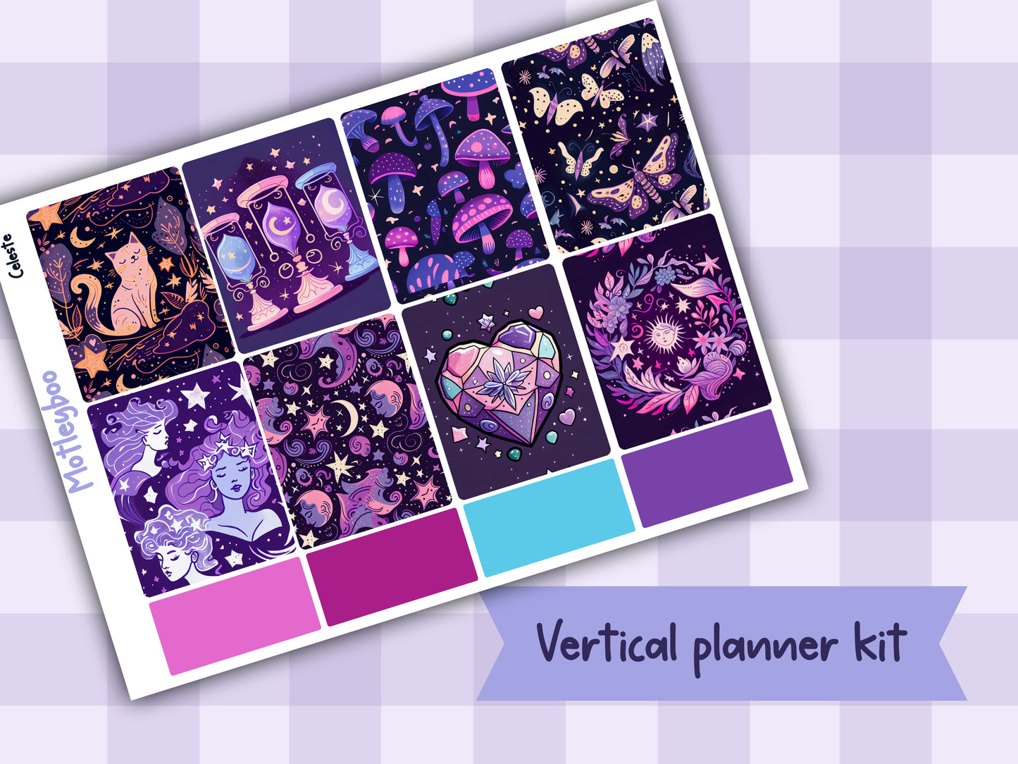 Weekly vertical planner sticker kit, celestial witchy vibes, bright and colourful functional stickers, Celeste
