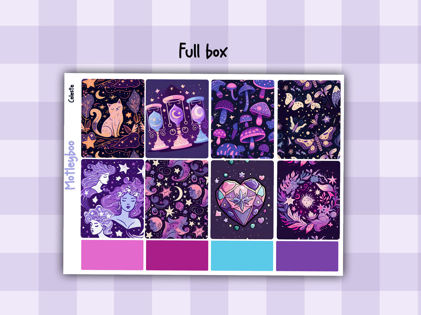 Weekly vertical planner sticker kit, celestial witchy vibes, bright and colourful functional stickers, Celeste