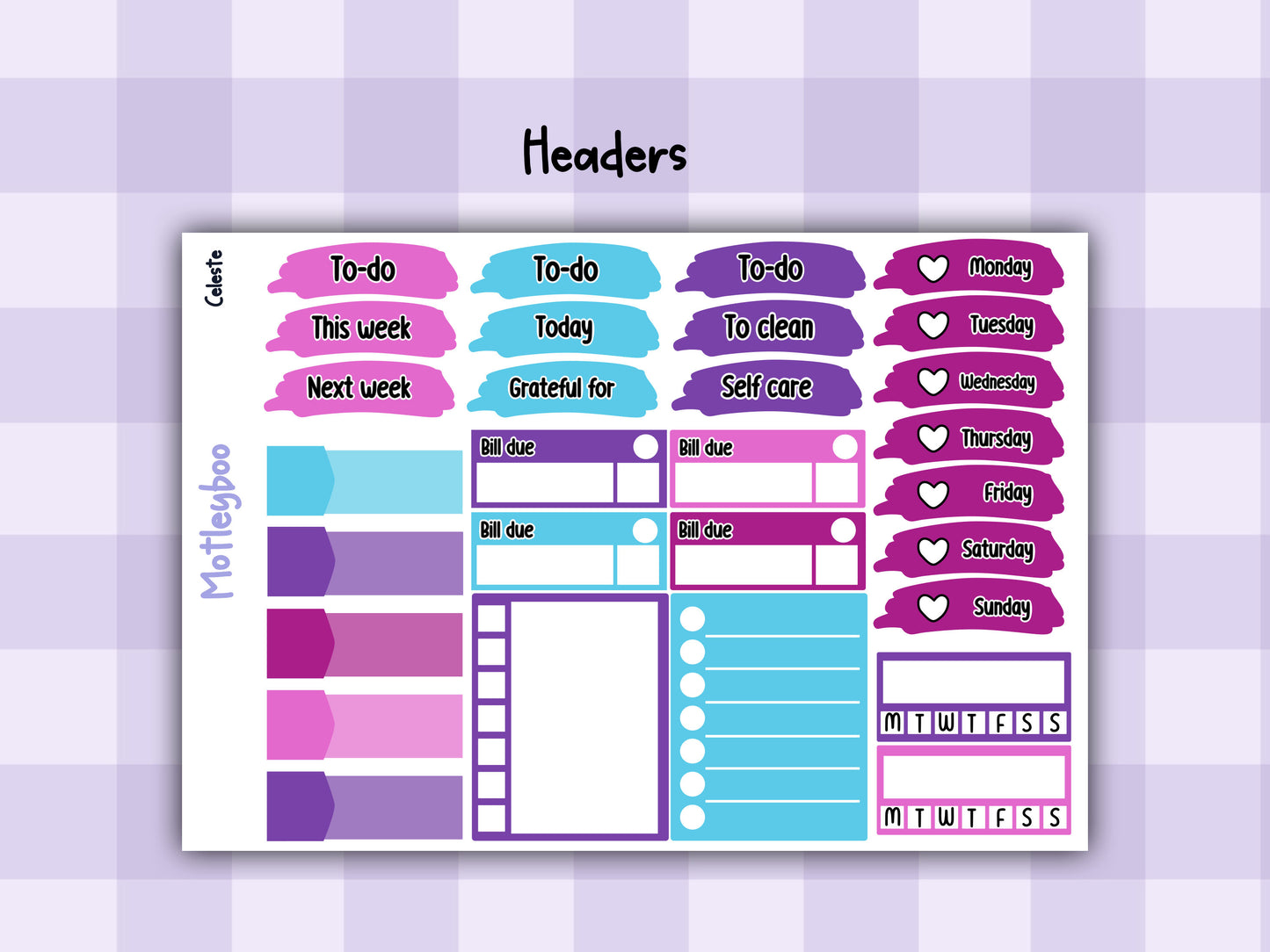 Weekly vertical planner sticker kit, celestial witchy vibes, bright and colourful functional stickers, Celeste