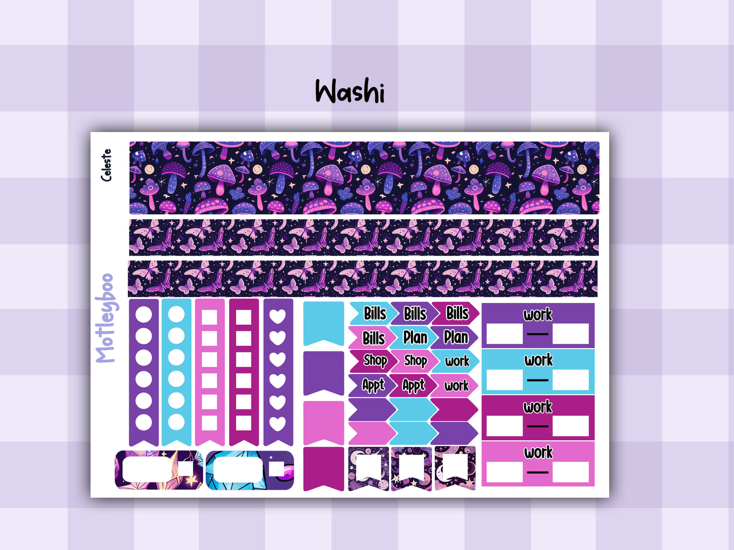 Weekly vertical planner sticker kit, celestial witchy vibes, bright and colourful functional stickers, Celeste