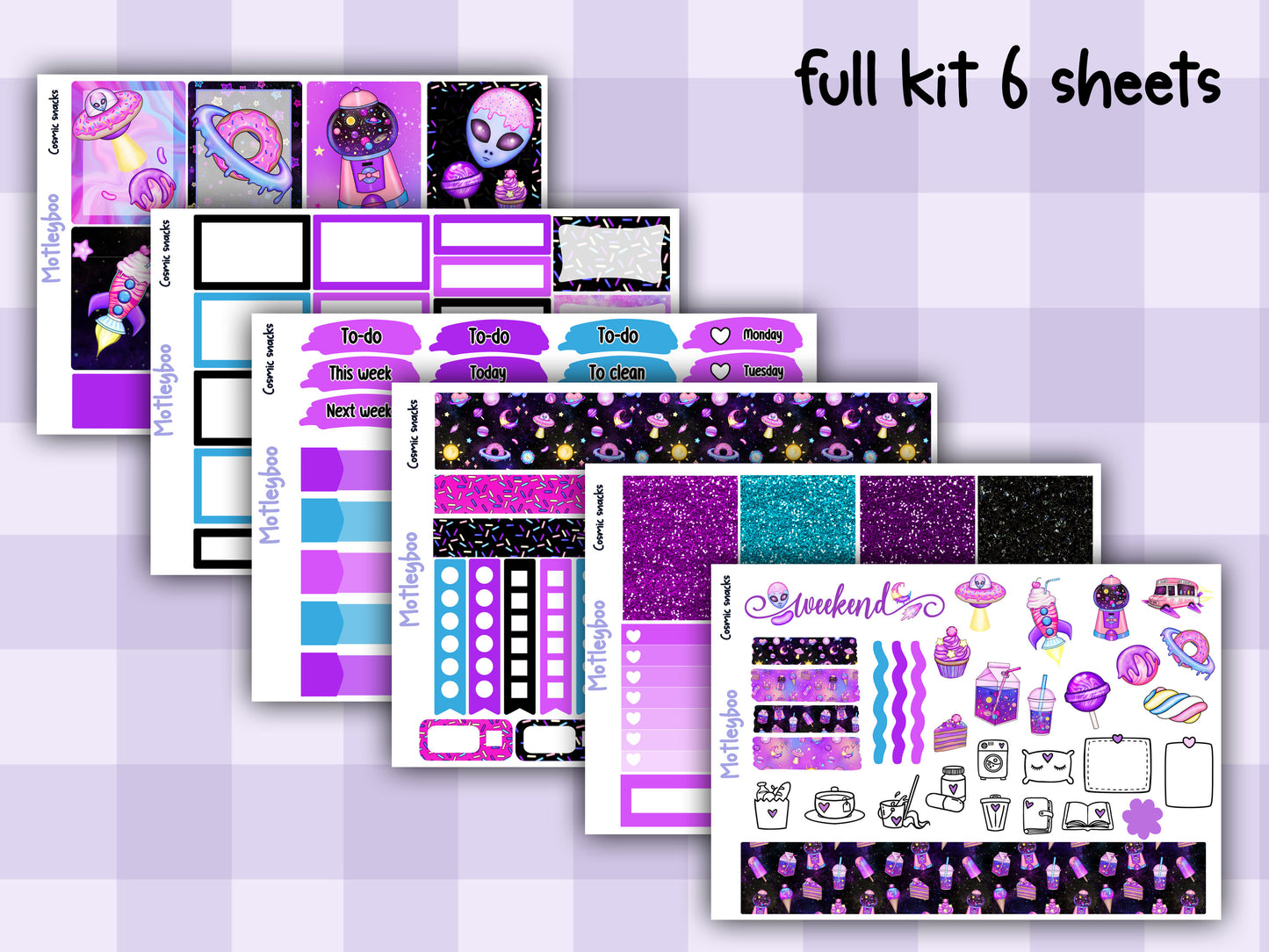 Weekly planner sticker kit, sc-fi alien vibes, bright and colourful functional stickers, Cosmic snacks
