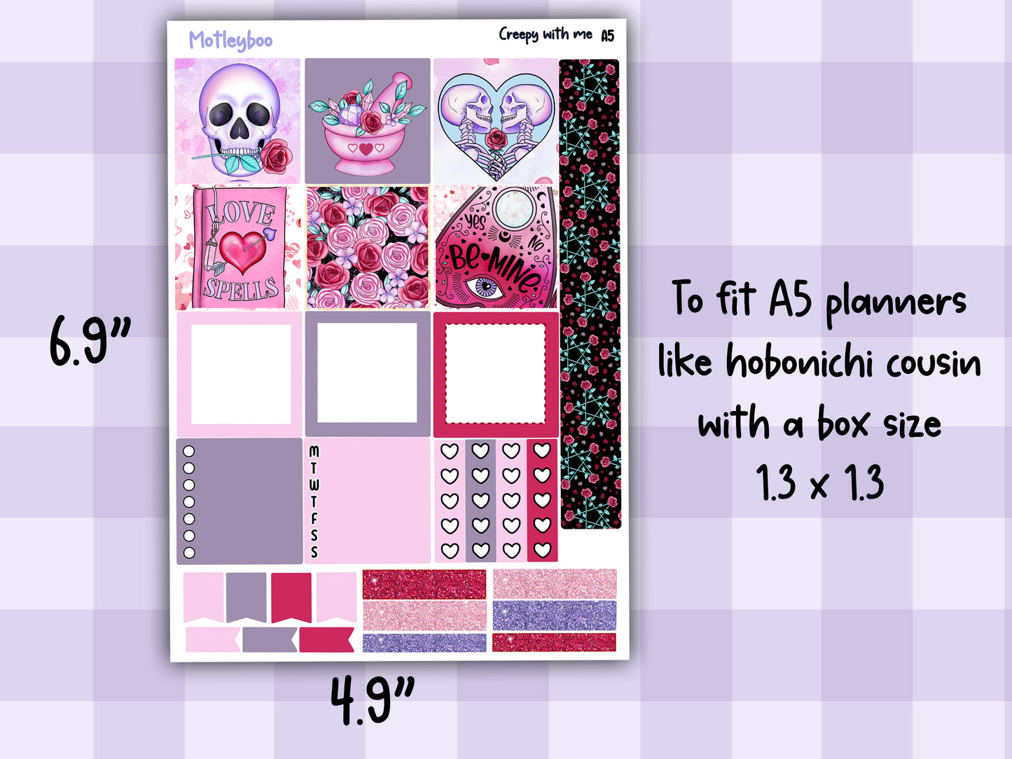 Spooky Valentines day A5 Planner Stickers, Hobonichi Cousin Weekly Kit, creepy with me