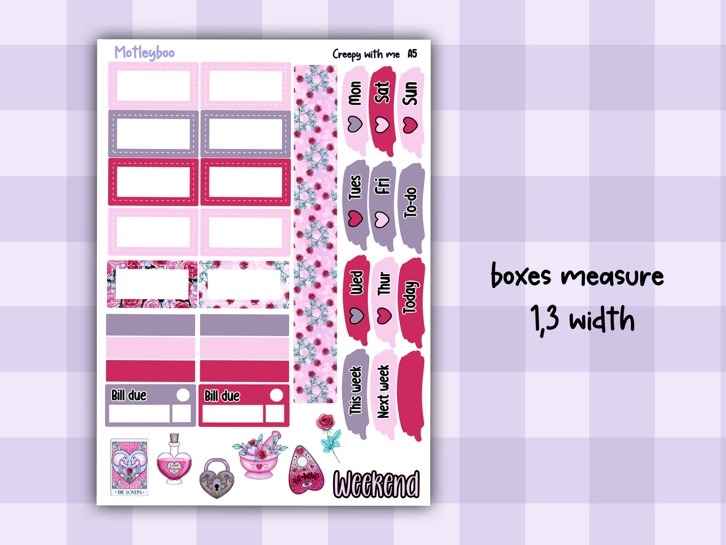 Spooky Valentines day A5 Planner Stickers, Hobonichi Cousin Weekly Kit, creepy with me