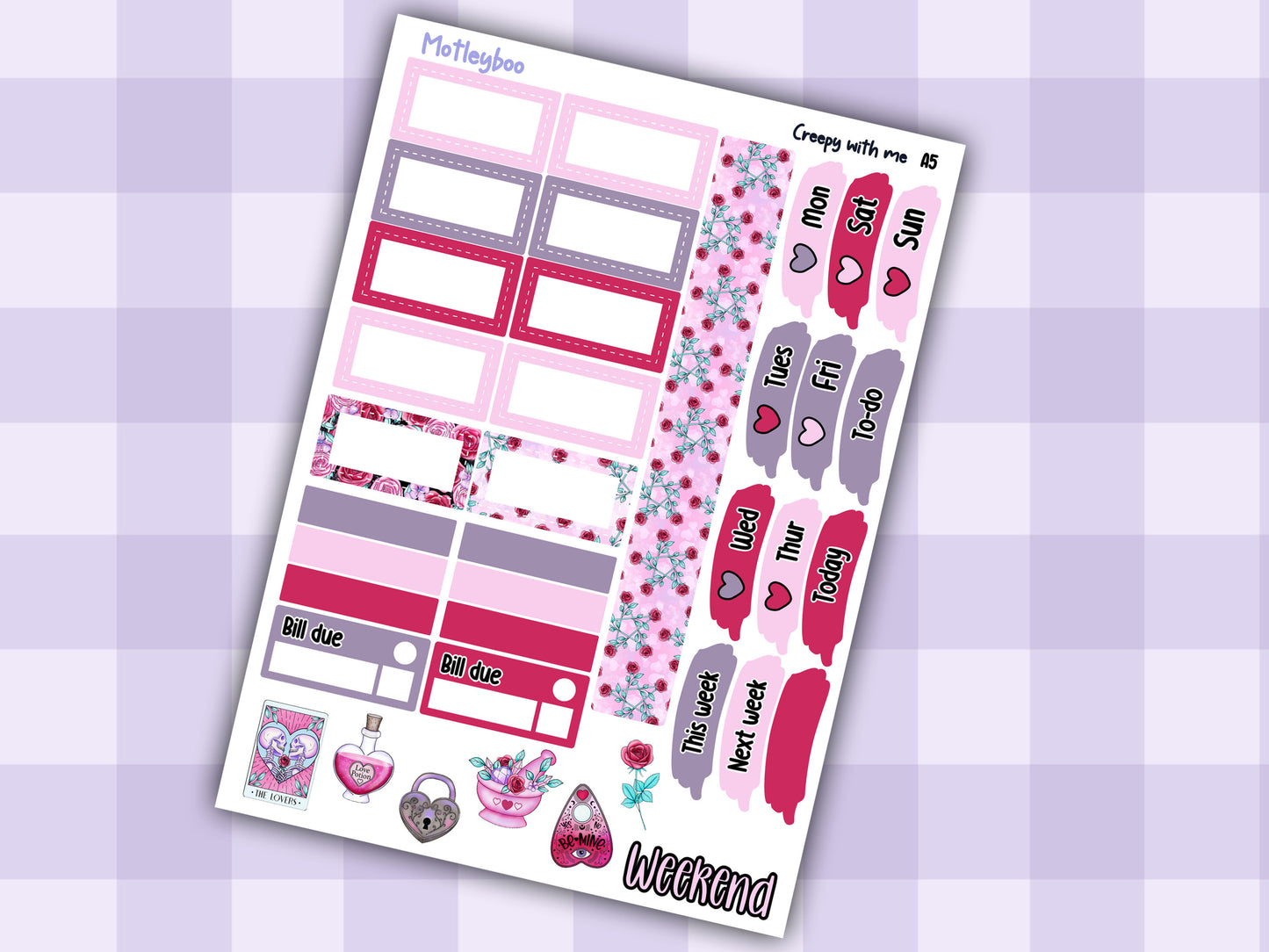 Spooky Valentines day A5 Planner Stickers, Hobonichi Cousin Weekly Kit, creepy with me