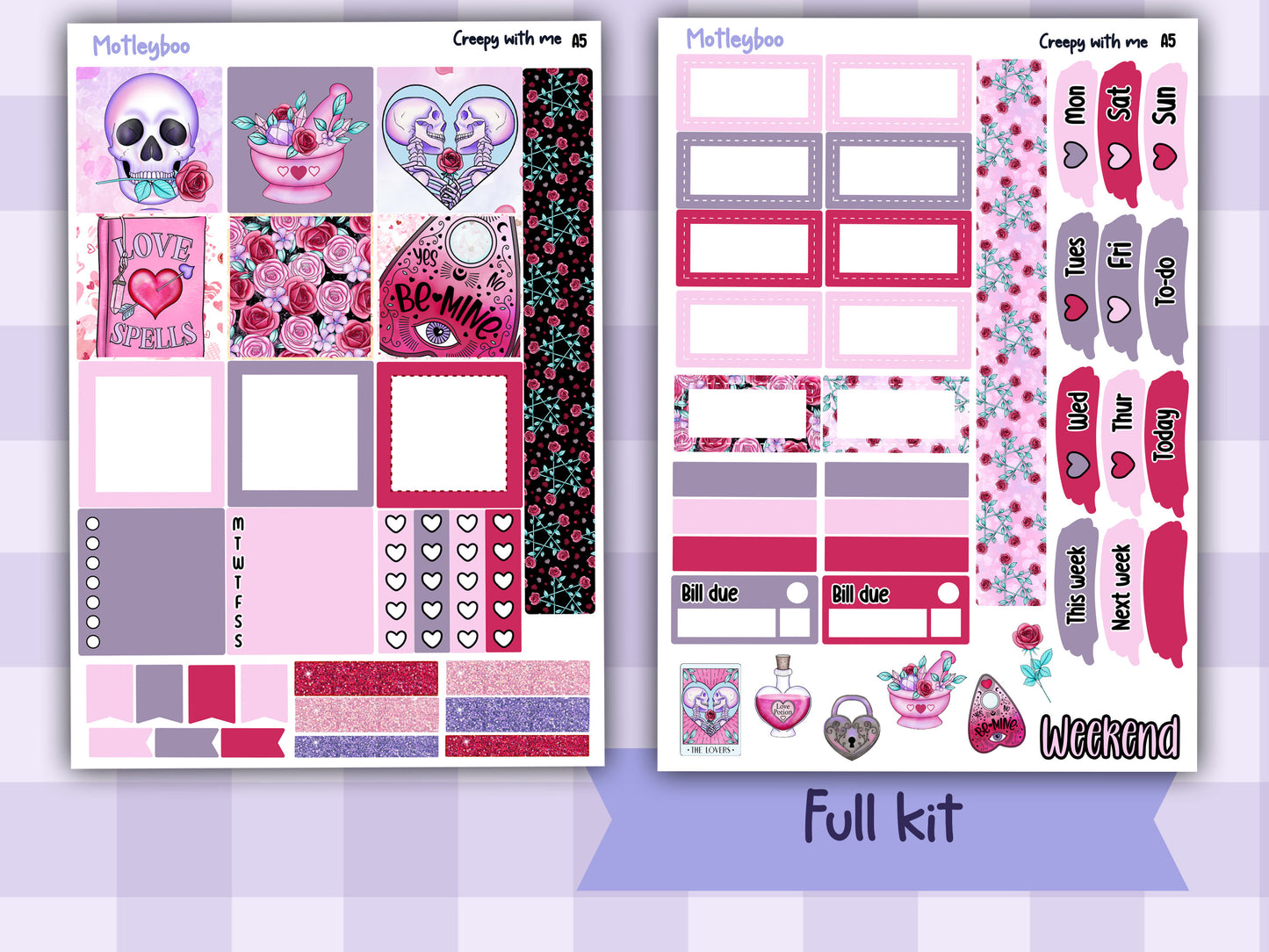 Spooky Valentines day A5 Planner Stickers, Hobonichi Cousin Weekly Kit, creepy with me