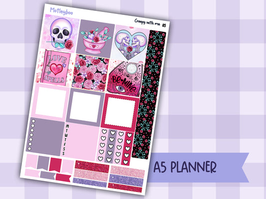 Spooky Valentines day A5 Planner Stickers, Hobonichi Cousin Weekly Kit, creepy with me