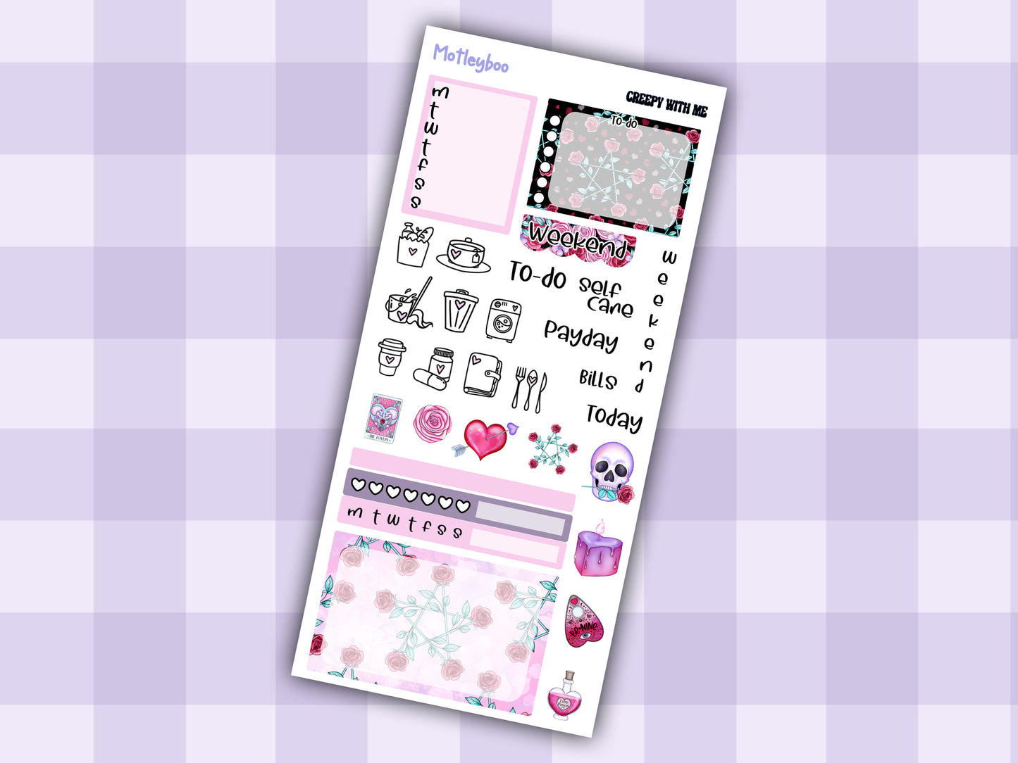 Spooky Valentine's Day Hobonichi Weeks Sticker Kit, Goth Planner, creepy with me