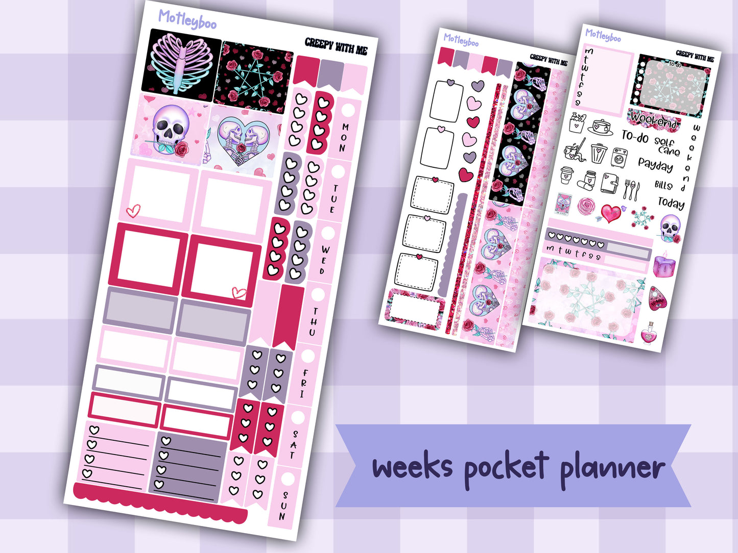 Spooky Valentine's Day Hobonichi Weeks Sticker Kit, Goth Planner, creepy with me