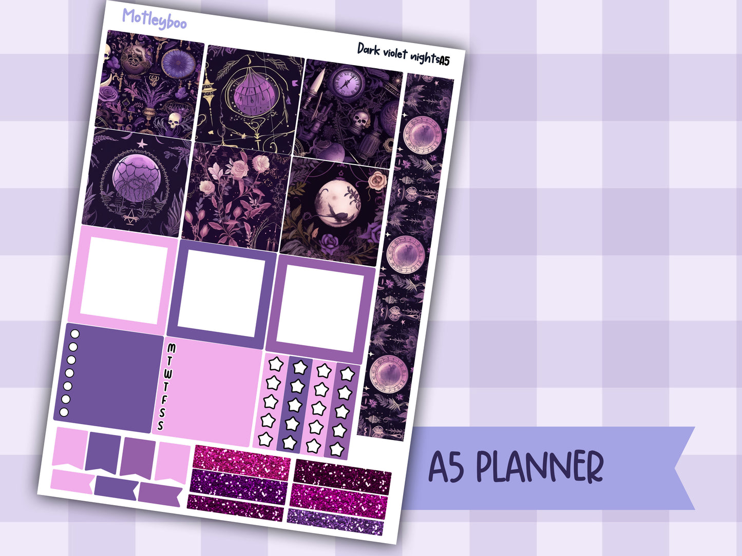 A5 Hobonichi cousin planner sticker kit, spooky gothic planner stickers, hobonichi cousin Dark violet nights