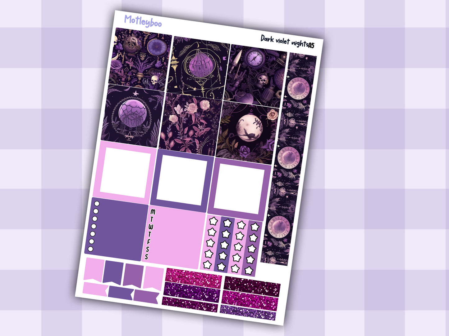 A5 Hobonichi cousin planner sticker kit, spooky gothic planner stickers, hobonichi cousin Dark violet nights