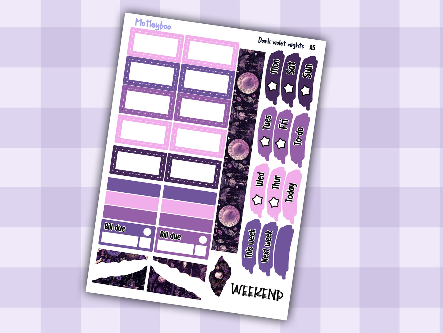 A5 Hobonichi cousin planner sticker kit, spooky gothic planner stickers, hobonichi cousin Dark violet nights