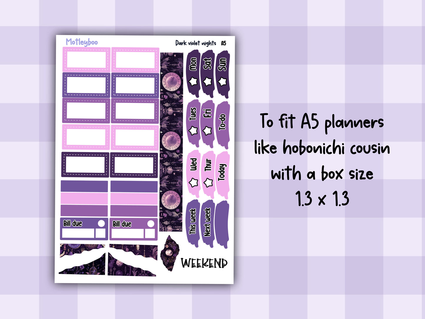 A5 Hobonichi cousin planner sticker kit, spooky gothic planner stickers, hobonichi cousin Dark violet nights