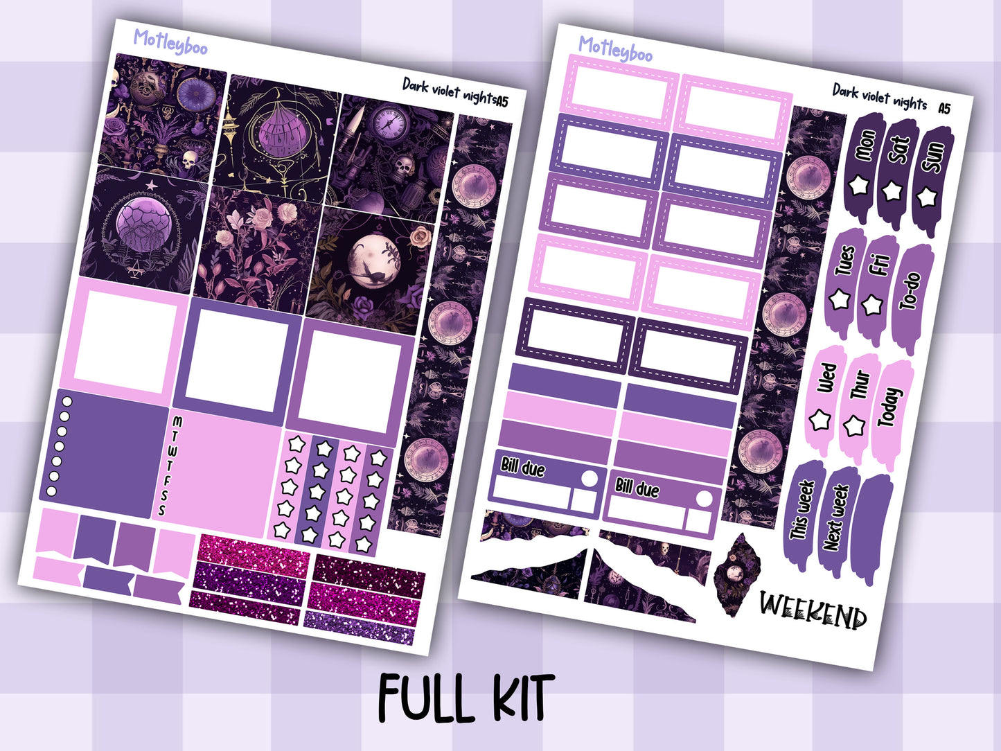 A5 Hobonichi cousin planner sticker kit, spooky gothic planner stickers, hobonichi cousin Dark violet nights