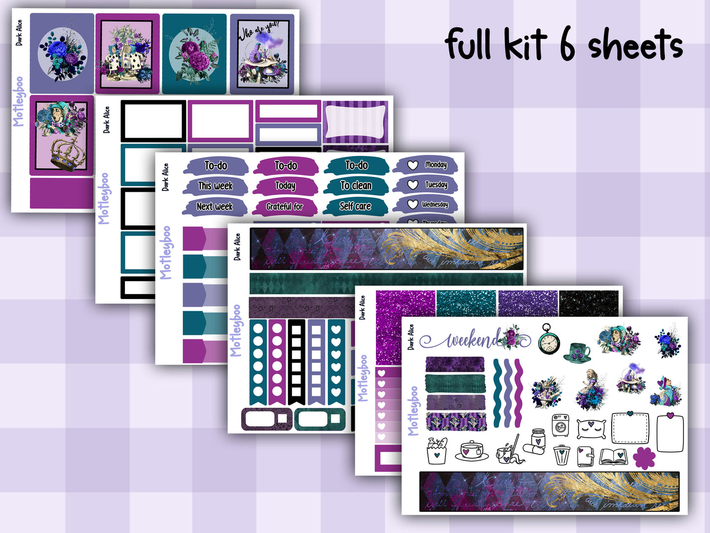 Dark Alice Vertical Planner Sticker Kit, Gothic Themed Planner Supplies