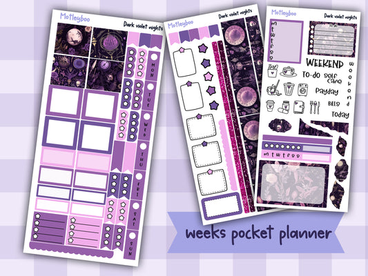 Hobonichi weeks weekly planner sticker kit, spooky goth celestial planner stickers, Dark violet nights
