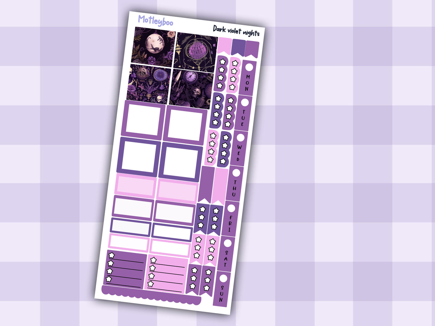 Hobonichi weeks weekly planner sticker kit, spooky goth celestial planner stickers, Dark violet nights