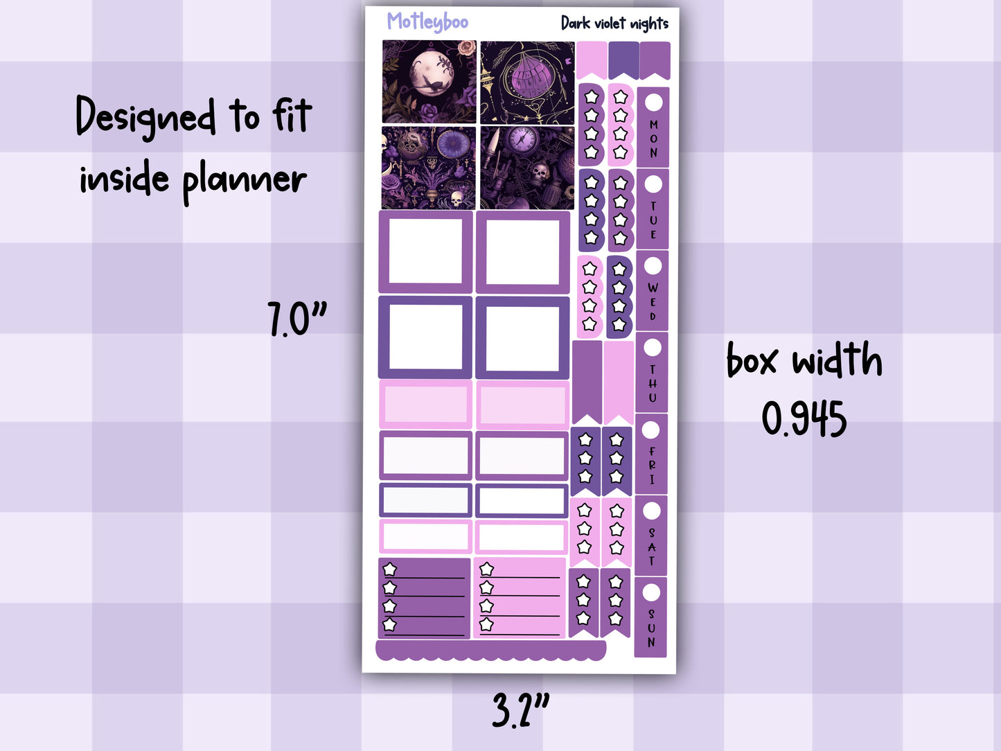 Hobonichi weeks weekly planner sticker kit, spooky goth celestial planner stickers, Dark violet nights