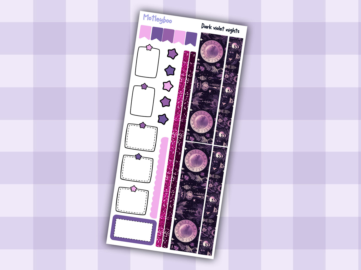 Hobonichi weeks weekly planner sticker kit, spooky goth celestial planner stickers, Dark violet nights