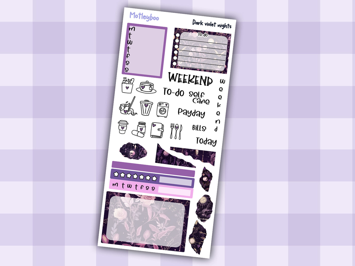 Hobonichi weeks weekly planner sticker kit, spooky goth celestial planner stickers, Dark violet nights