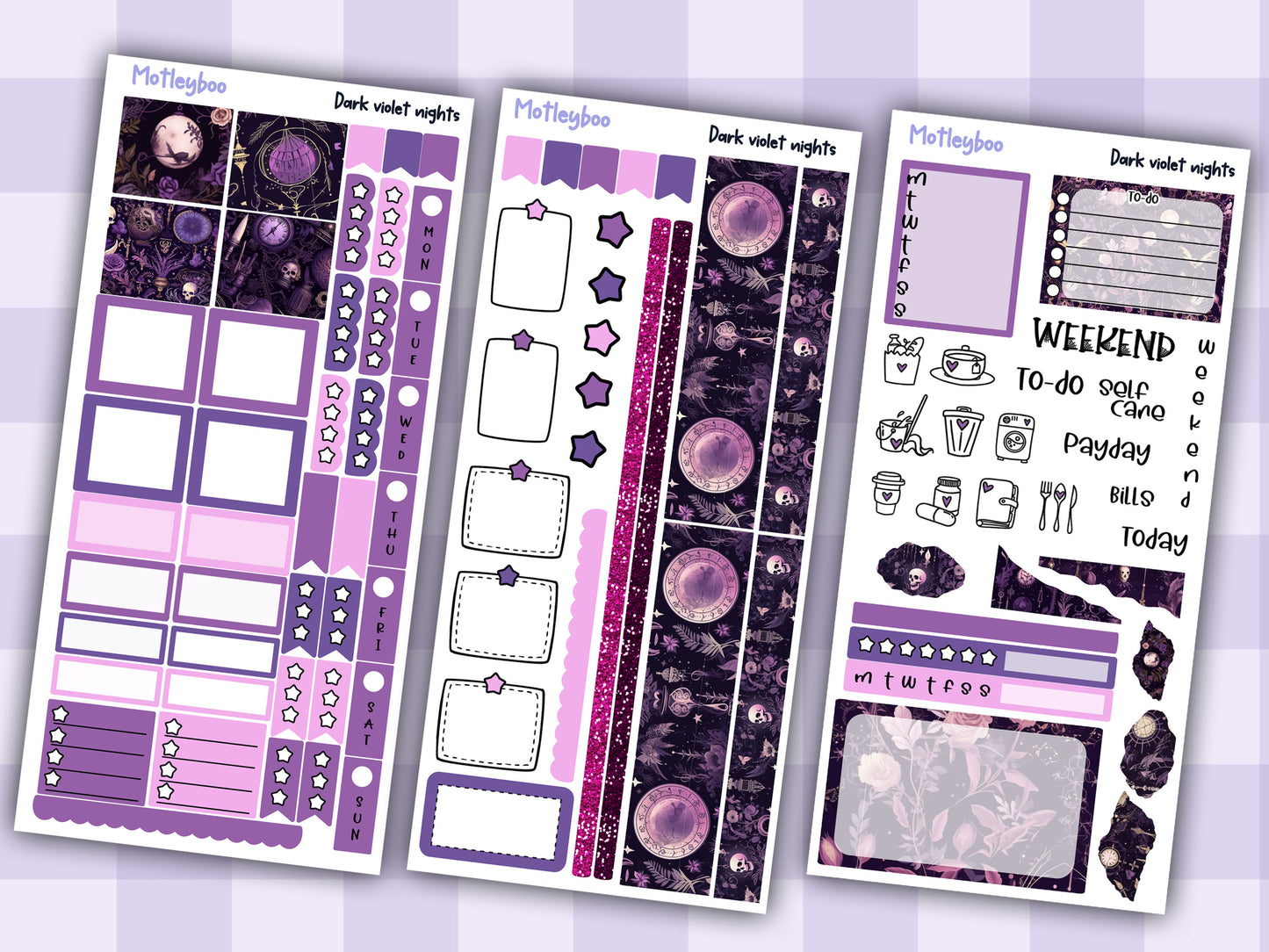 Hobonichi weeks weekly planner sticker kit, spooky goth celestial planner stickers, Dark violet nights