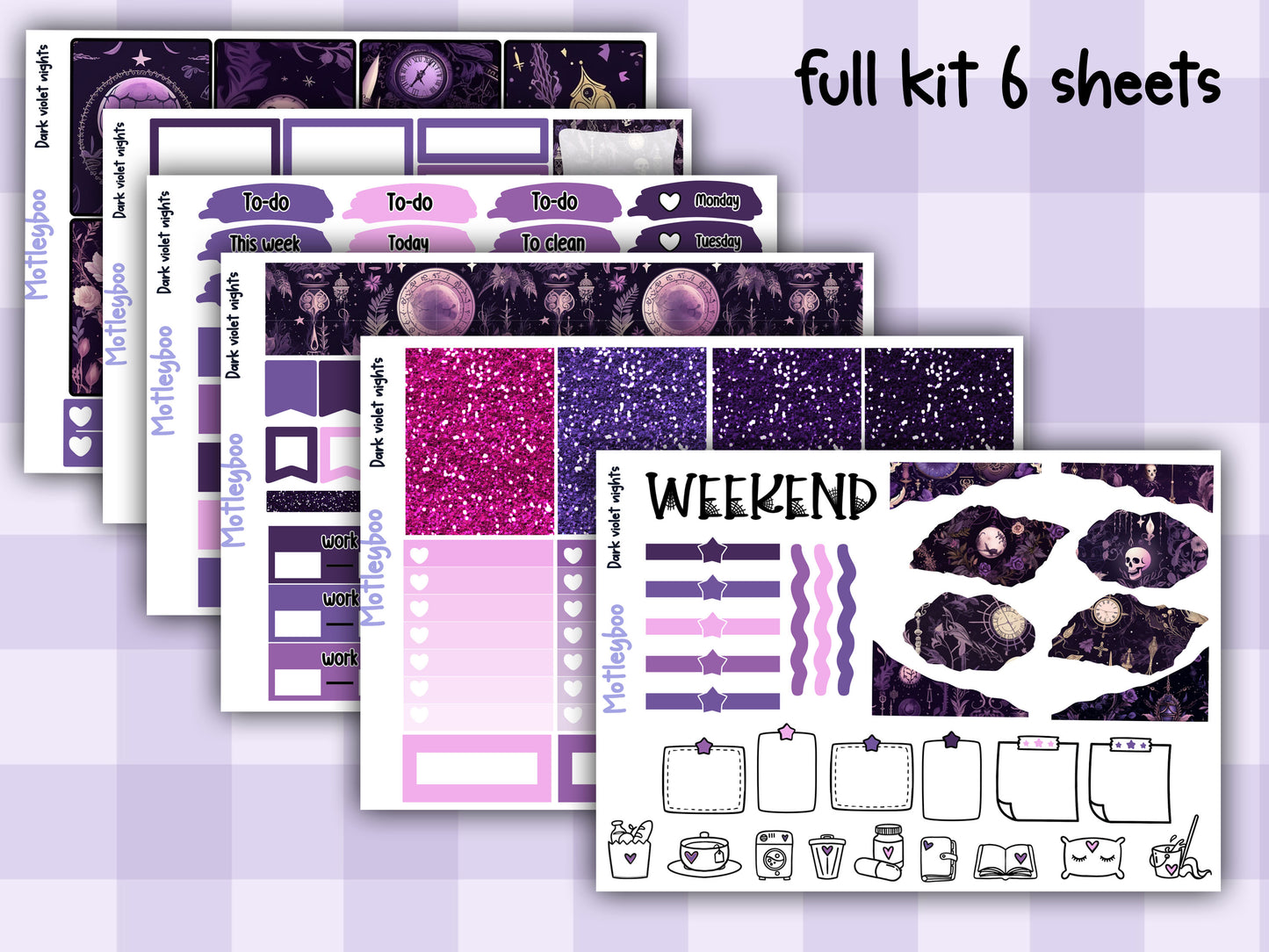 Weekly Planner Sticker Kit, witchy spooky halloween Vertical Planning Stickers, Dark violet nights