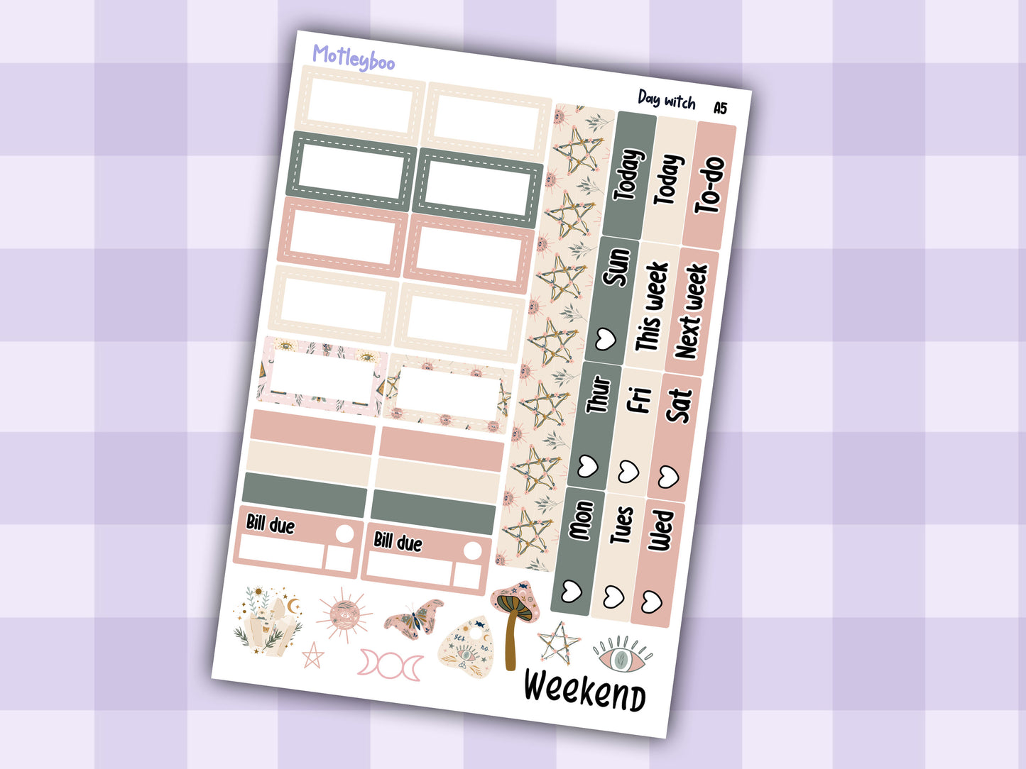 Hobonichi cousin, weekly planner sticker kit, Day witch