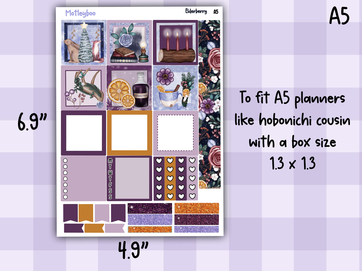 Winter themed A5 planner sticker kit, Christmas stickers, pocket planner, hobonichi planning, Elderberry