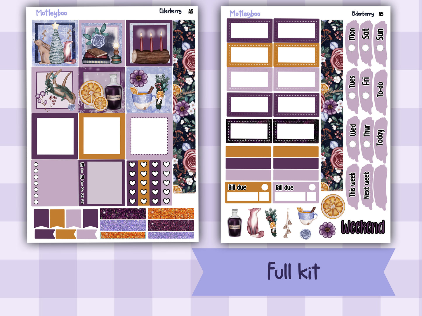 Winter themed A5 planner sticker kit, Christmas stickers, pocket planner, hobonichi planning, Elderberry