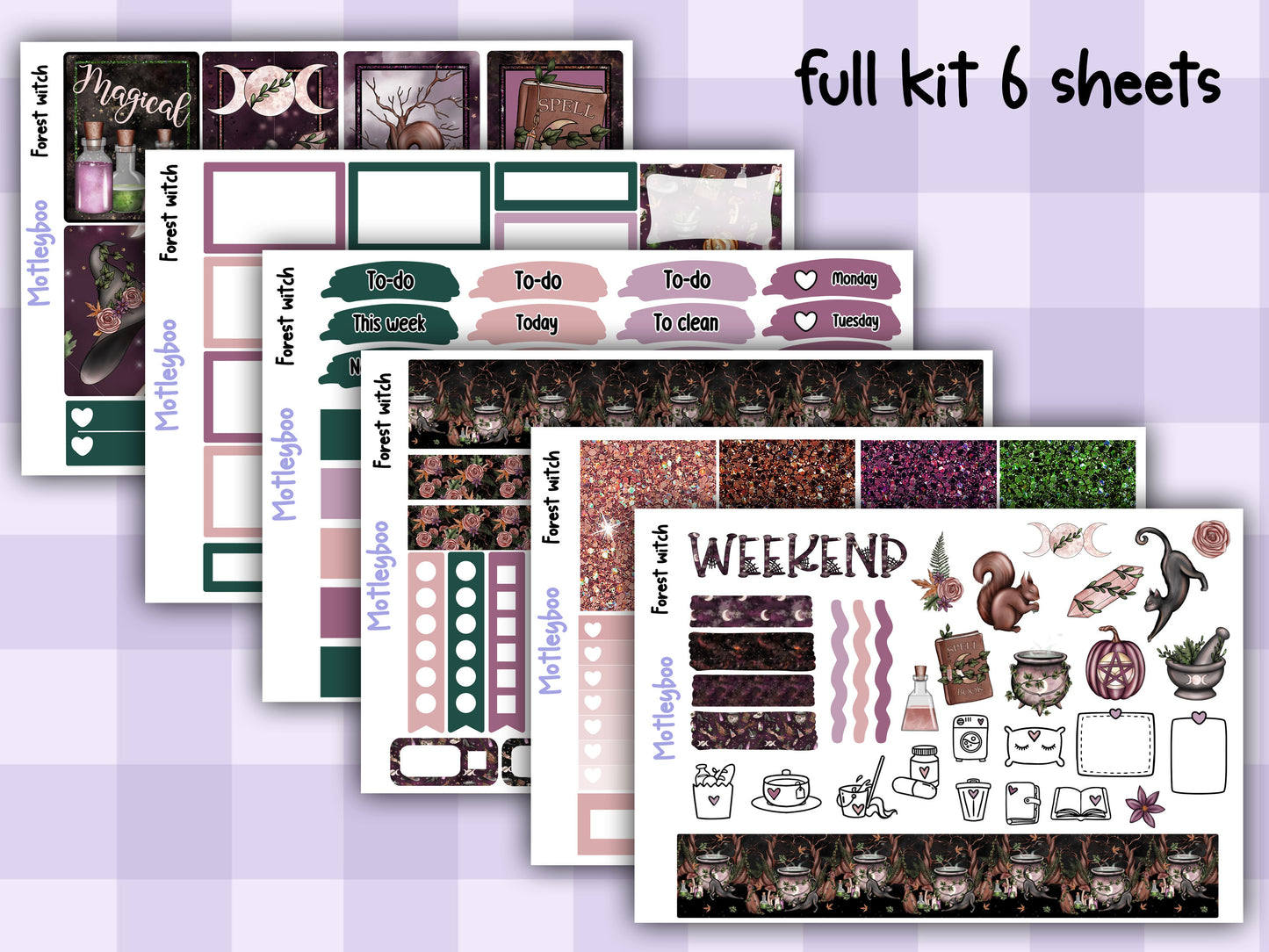 Weekly Planner Sticker Kit, Witchy mystical goth Vertical Planning Stickers, Forest witch