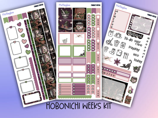 Hobonichi weeks, weekly sticker kit, witch stickers, celestial stickers, mystical stickers, witchcraft stickers, witch vibes, forest witch