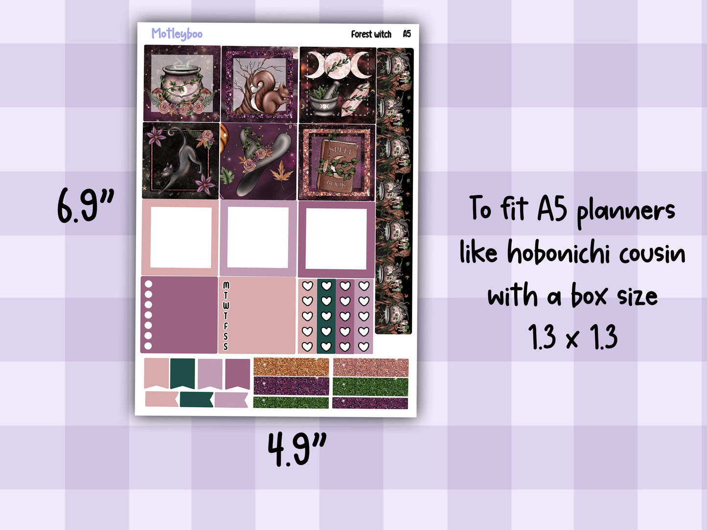 A5 Hobonichi cousin, weekly planner sticker kit, Forest witch