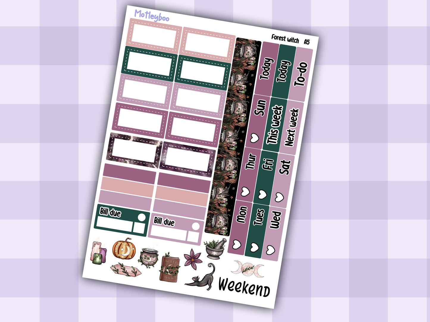 A5 Hobonichi cousin, weekly planner sticker kit, Forest witch