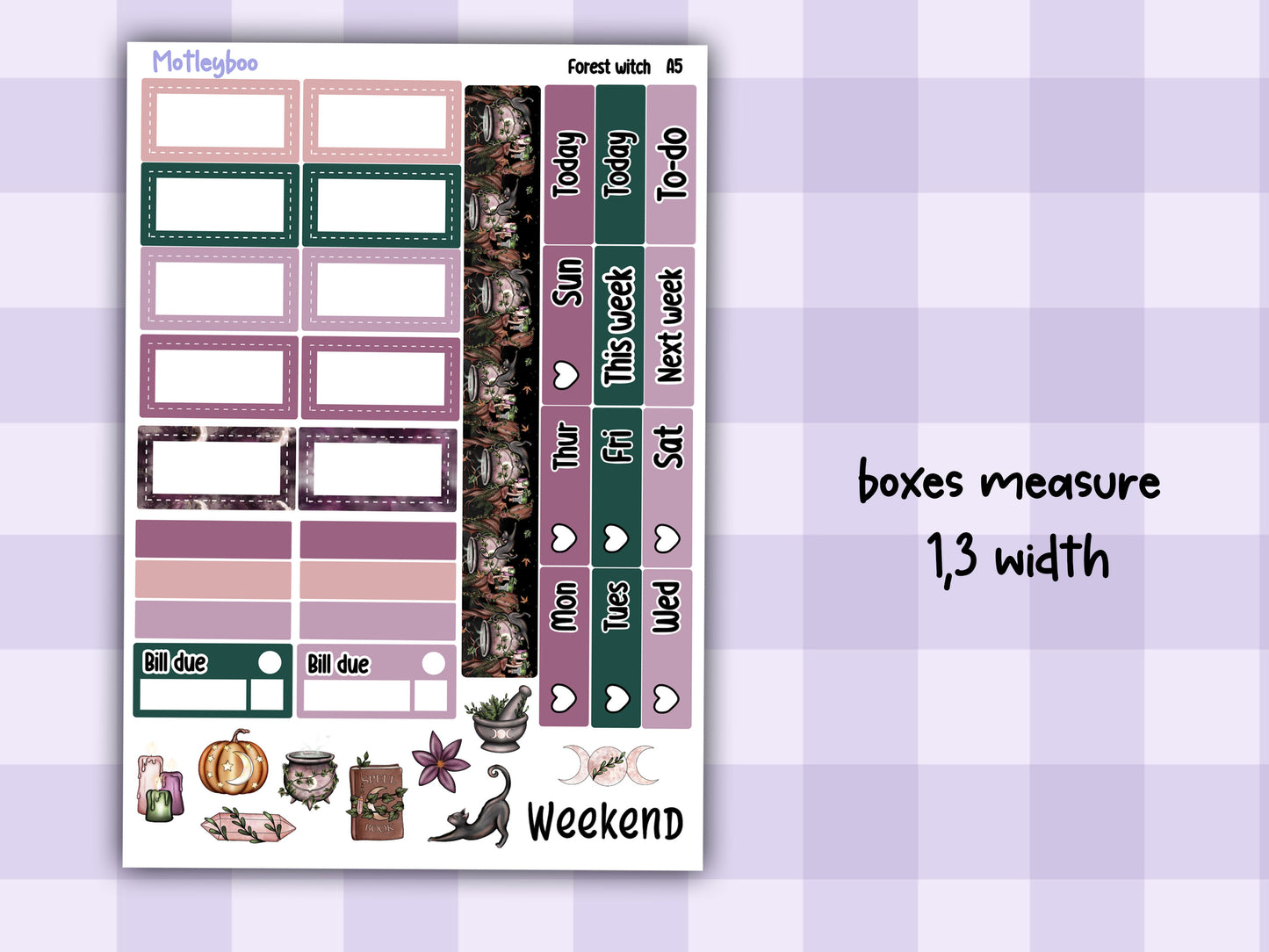 A5 Hobonichi cousin, weekly planner sticker kit, Forest witch