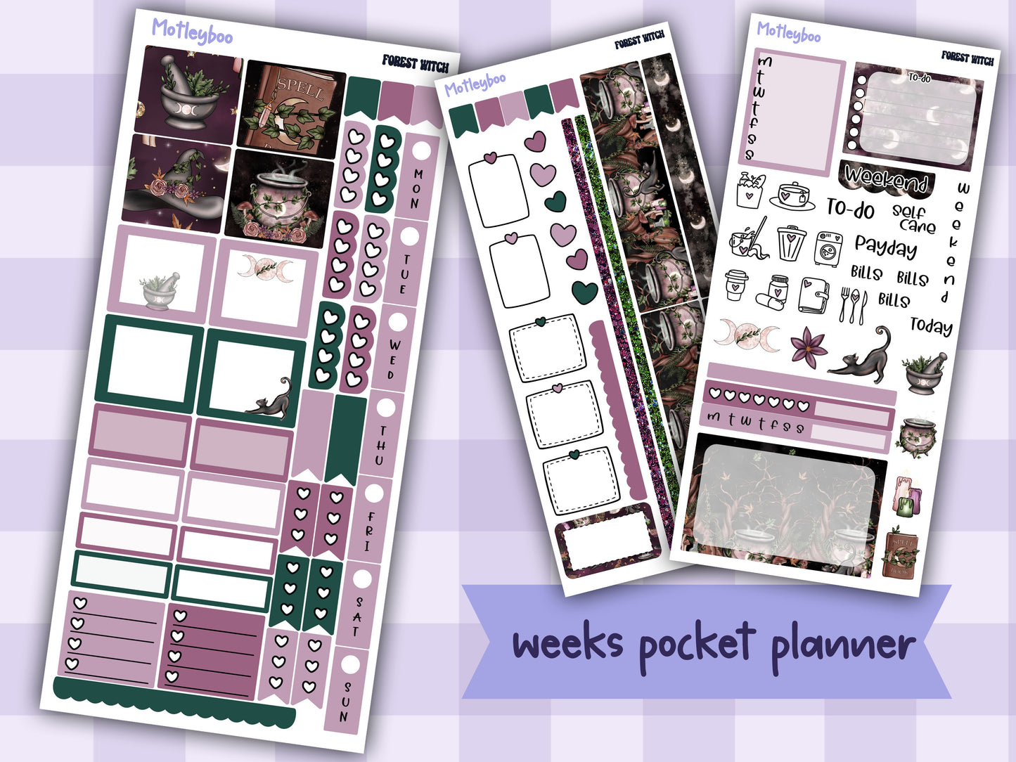 Hobonichi weeks, weekly sticker kit, witch stickers, celestial stickers, mystical stickers, witchcraft stickers, witch vibes, forest witch