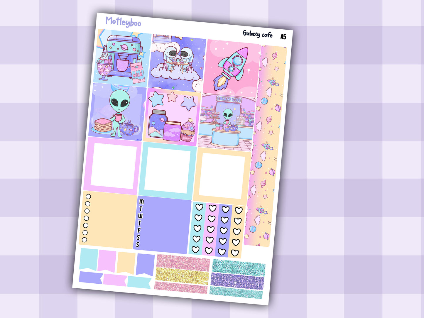 Hobonichi cousin, weekly planner sticker kit, Galaxy Cafe