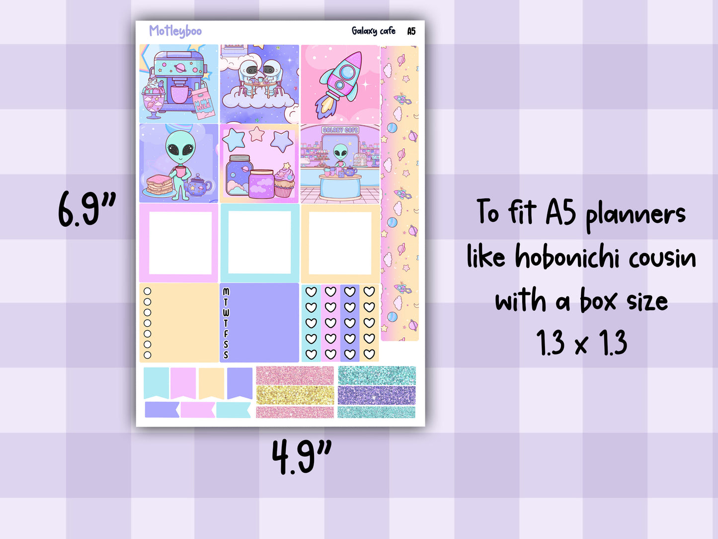 Hobonichi cousin, weekly planner sticker kit, Galaxy Cafe